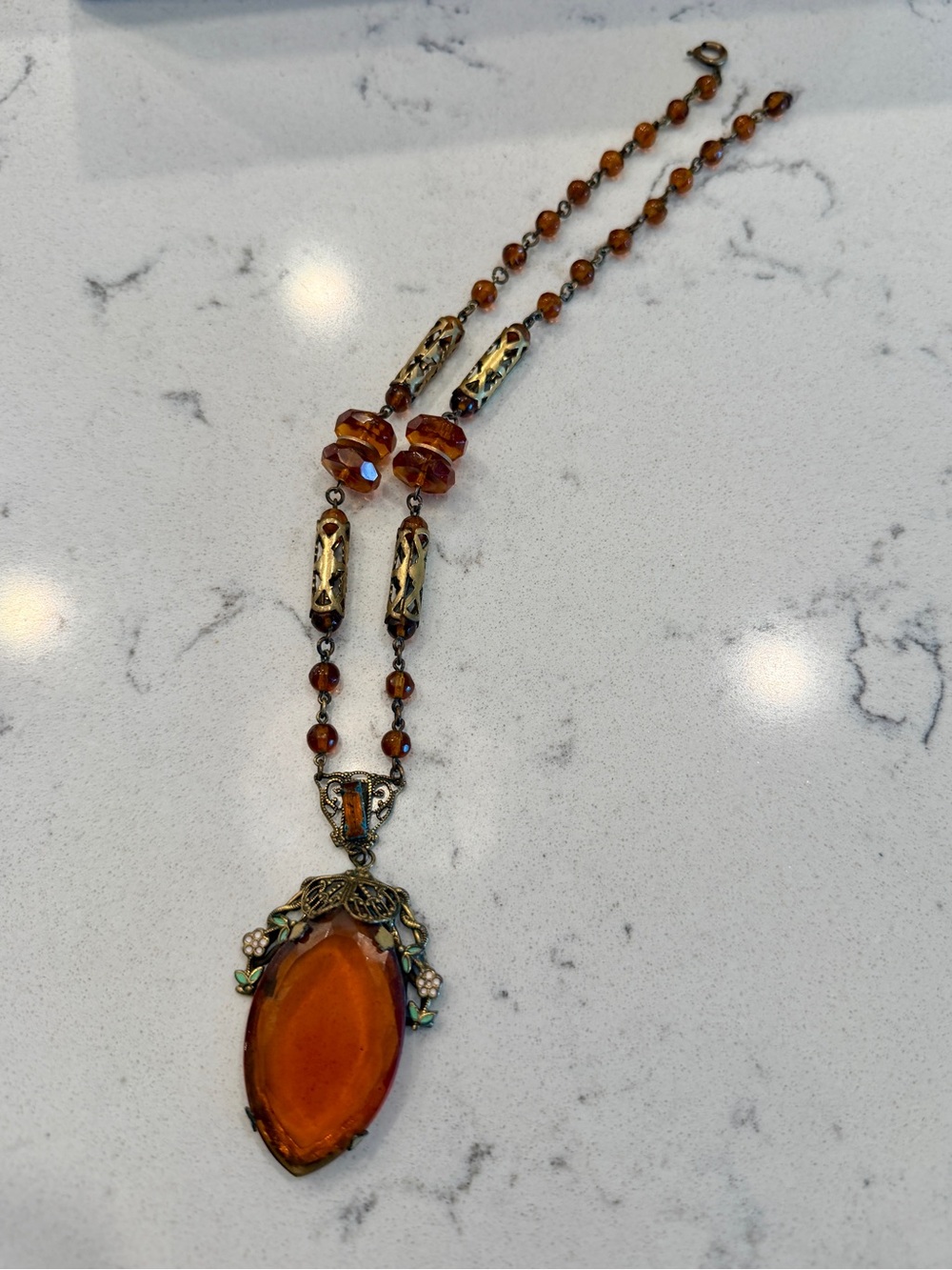 Vintage-Inspired Orange Glass Pendant Necklace